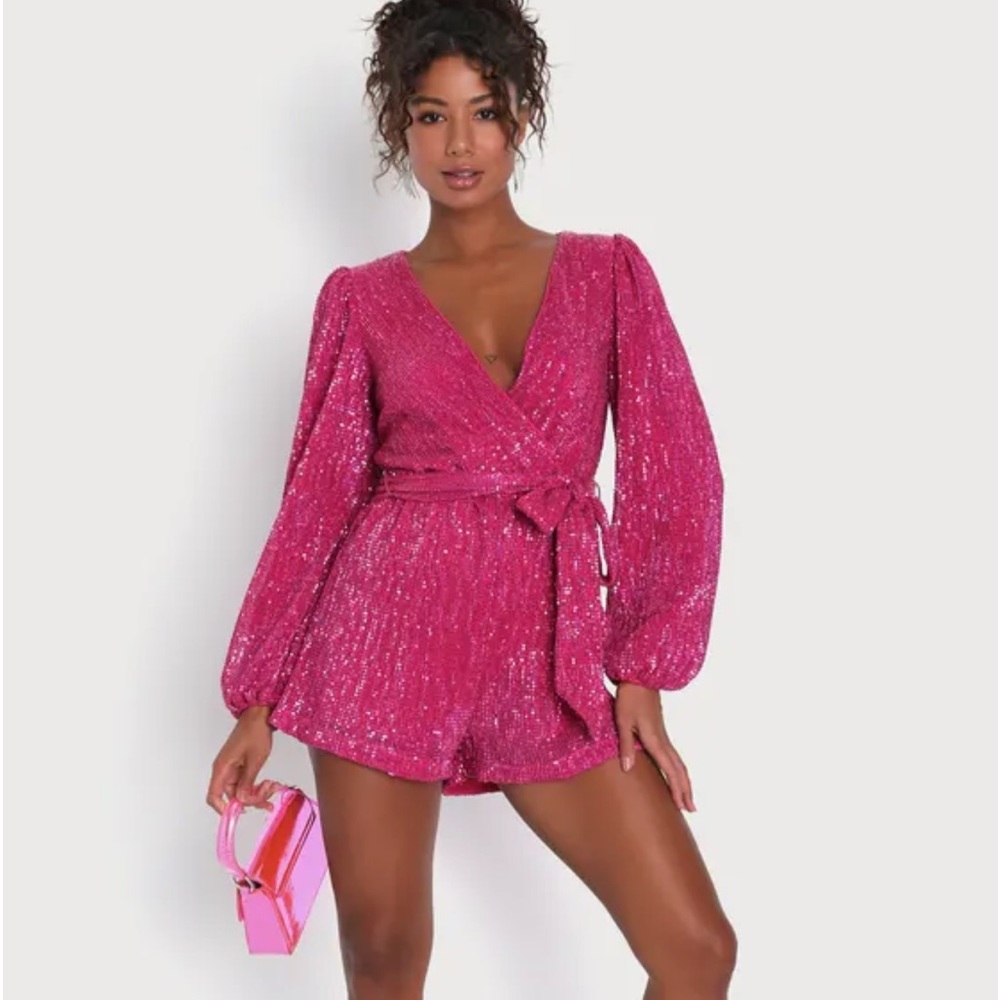 NWT Lulu’s Glamorous Presence Hot Pink Sequin Long Sleeve Surplice Romper (XL)